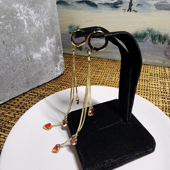 Gold Filled Red Crystal Heart Dangle Earrings - Picture 7 of 9